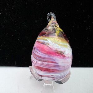 Handblown Swirled Glass Teardrop Egg Shaped Ornament Pink Yellow 2.5"